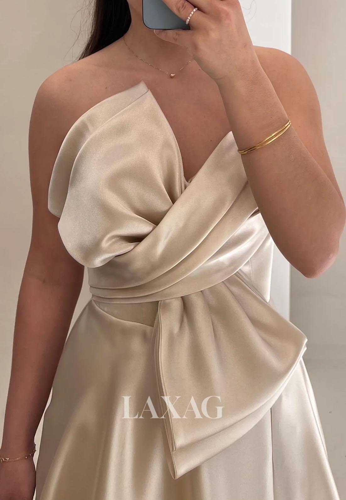 Asymmetrical-Neck Sleeveless A-Line Evening Dress Off-Shoulder Pleated Satin Formal Gowns with Bow