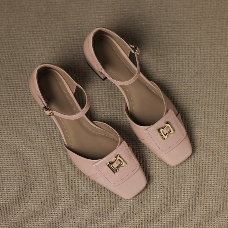 Square Toe Metal Buckle Ankle Strap Block Heel Mary Jane Pumps