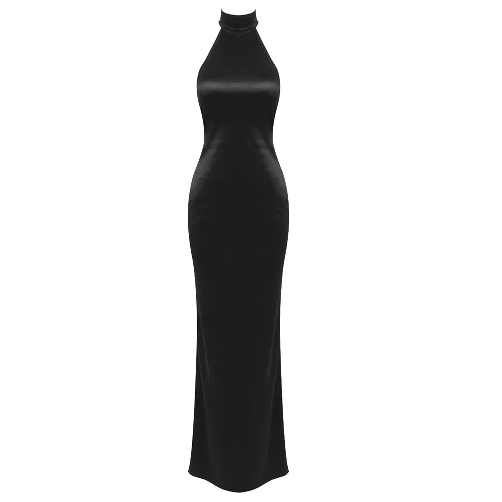 Satin Halter Neck Backless Pearl Strap Maxi Gown
