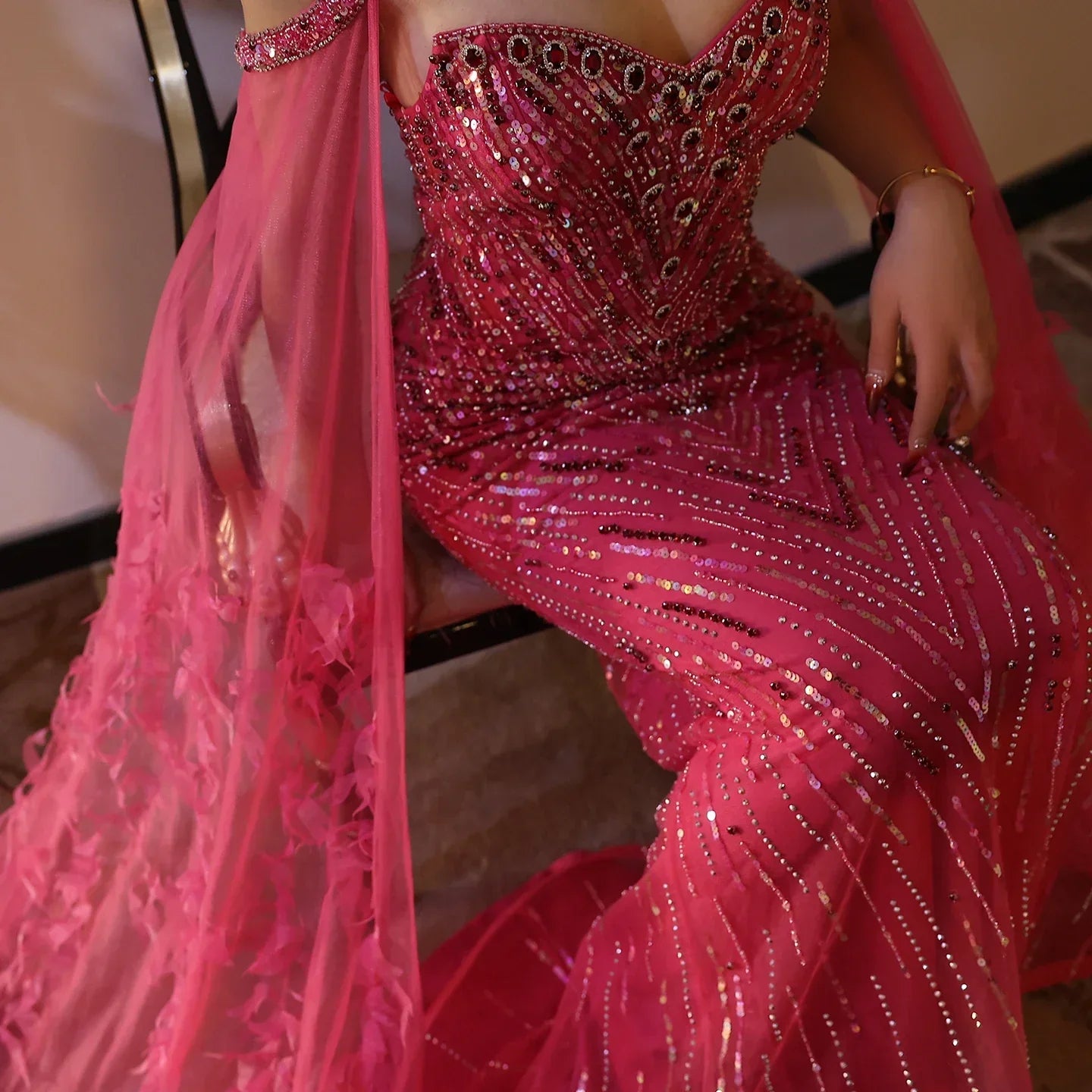 Turquoise Mermaid Evening Gown with Cape Sleeves
