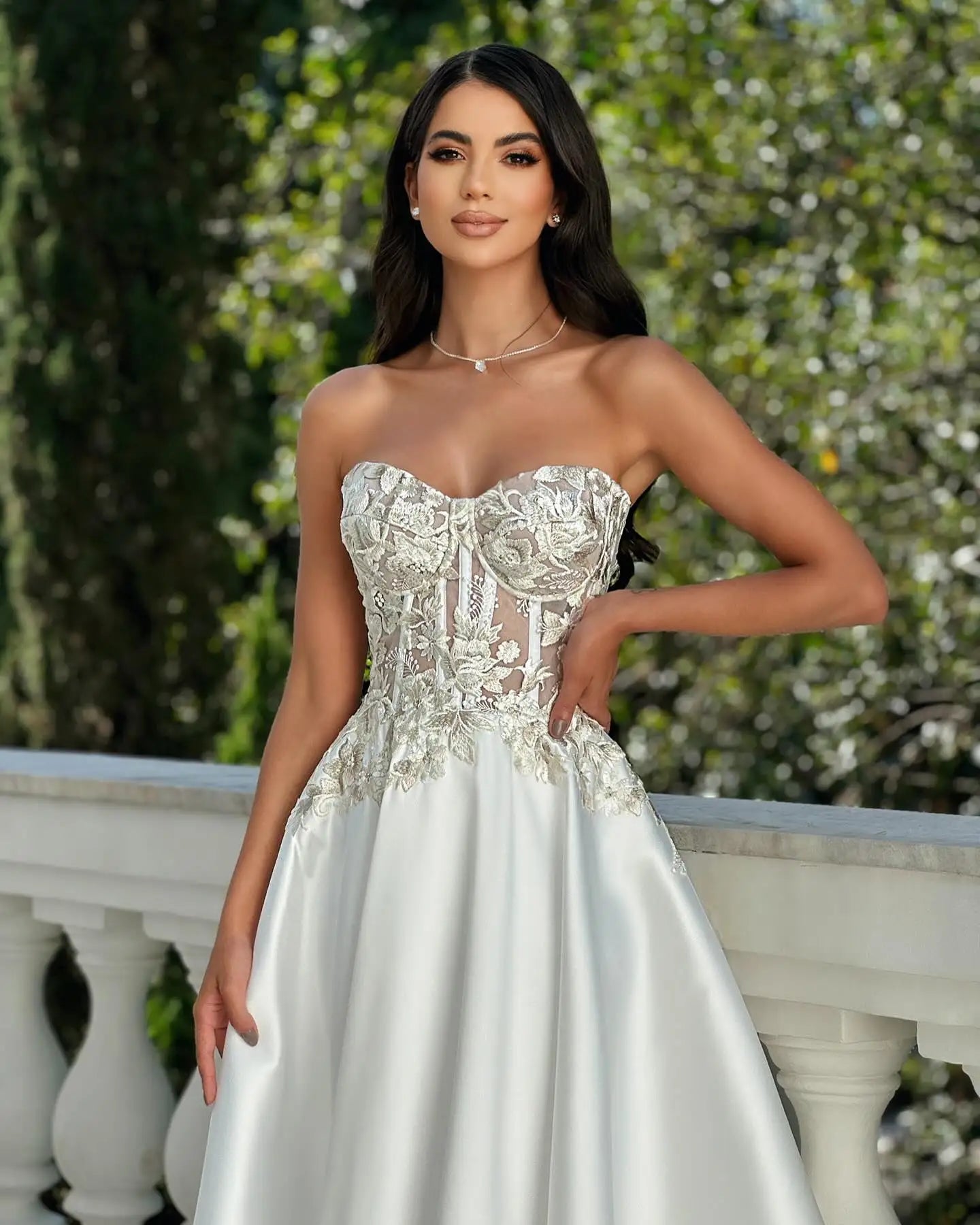 Satin Strapless Floral Applique Corset Ball Gown