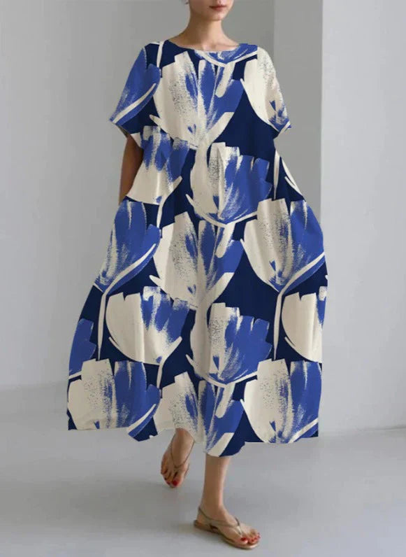 Floral Print Crew Neck Long Sleeve Pocket Relaxed Maxi Dress