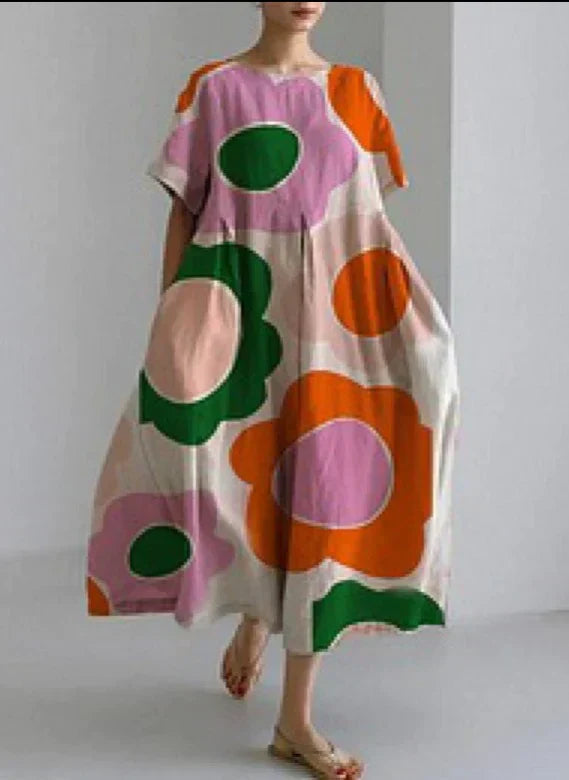 Floral Print Crew Neck Long Sleeve Pocket Relaxed Maxi Dress