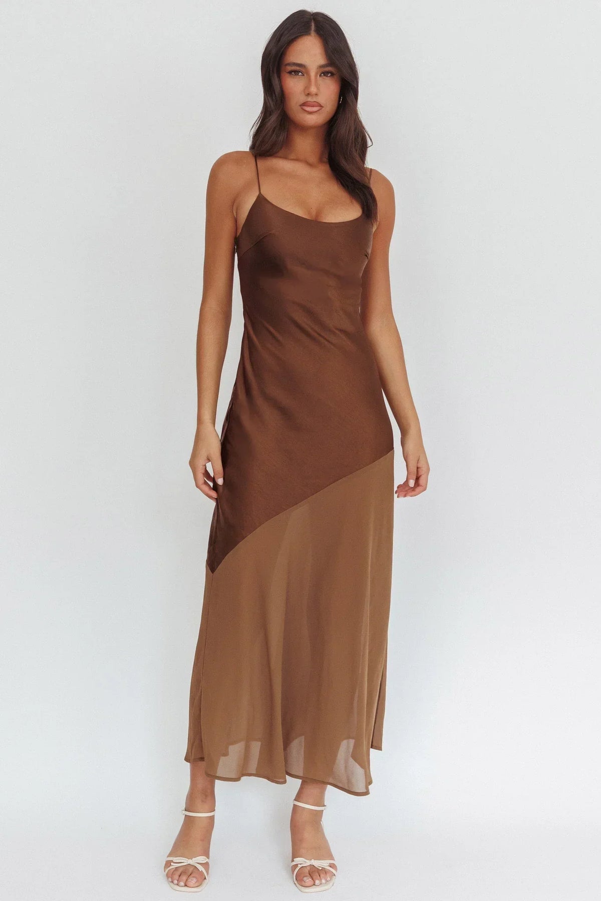Satin Scoop Neck Cami Asymmetric Chiffon Hem Slip Maxi Dress