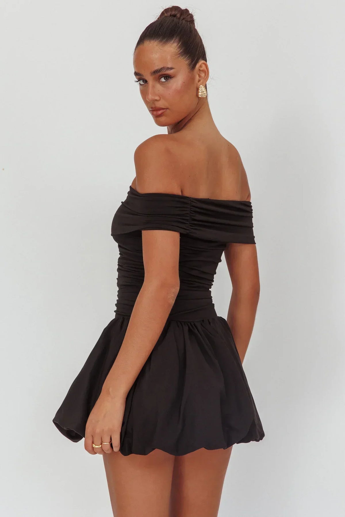 Off Shoulder Ruched Bodice Drop Waist Bubble Hem Mini Dress 2