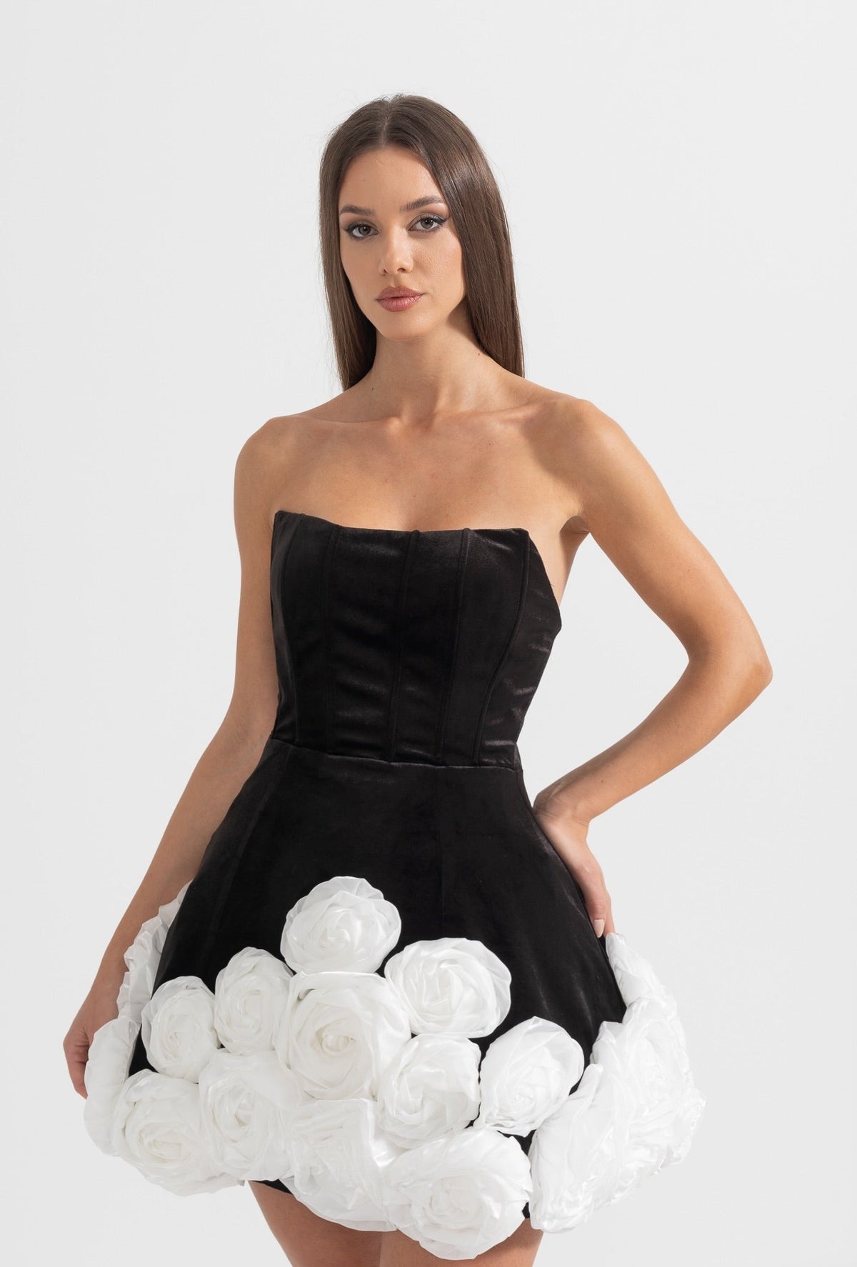 Strapless Corset Bodice 3D Rosette Embellished Mini Dress