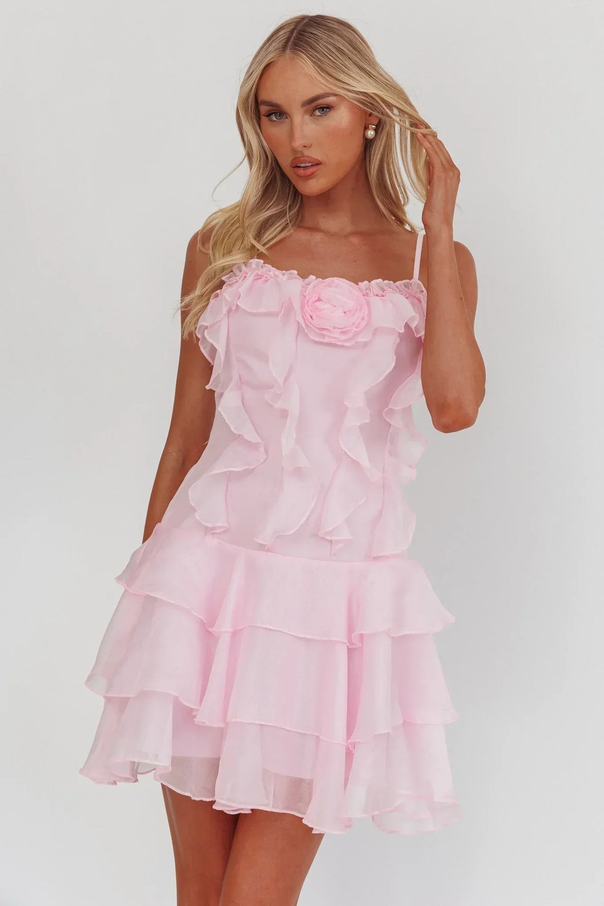 Sweetest Things Frill Trim Rosette Mini Dress Pink