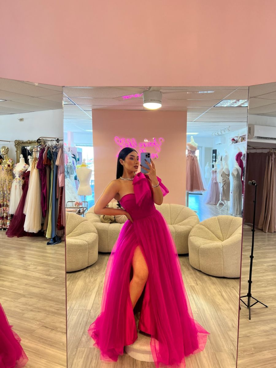 Fuchsia One Shoulder Evening Dresses Long Tulle A Line Evening Dresses cc751