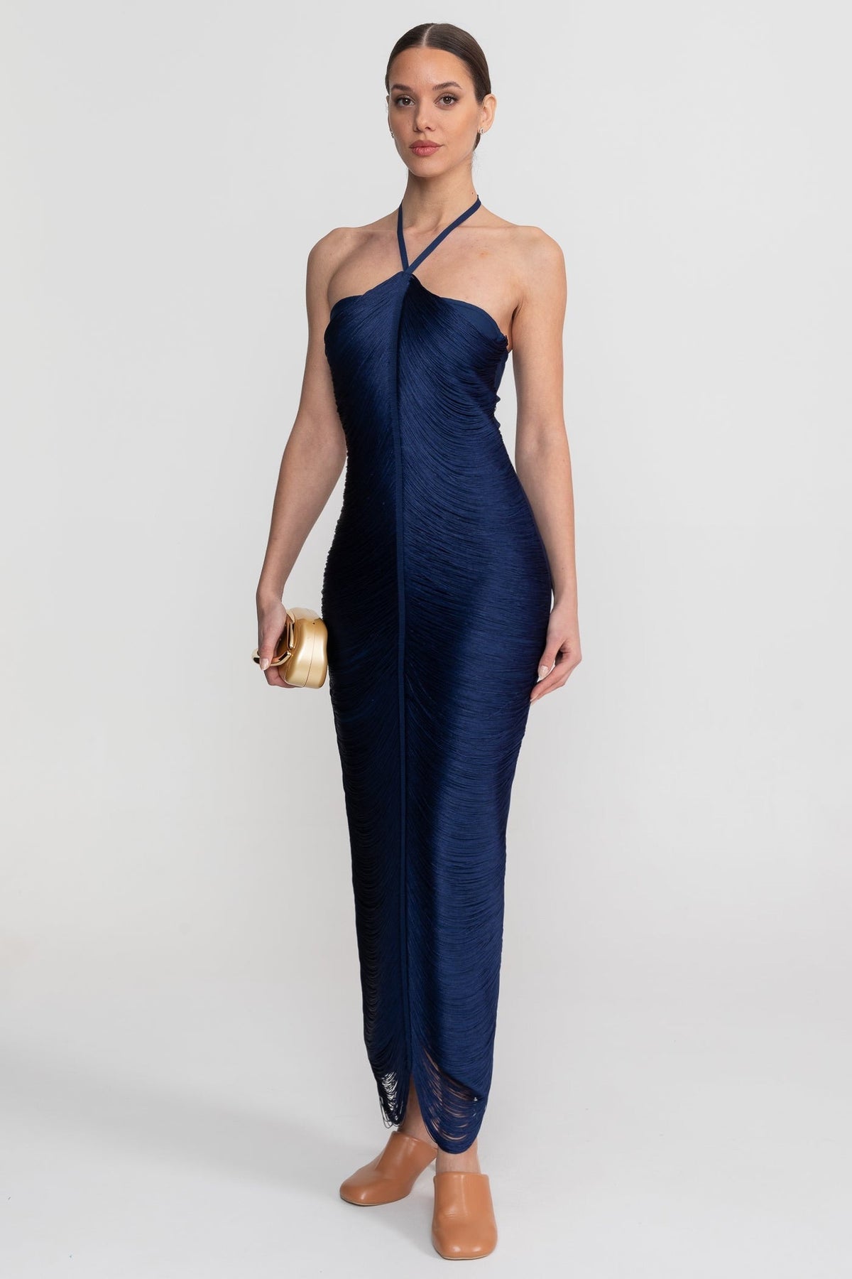 Halter Neck Draped Fringe Bodycon Asymmetric Hem Maxi Dress 3