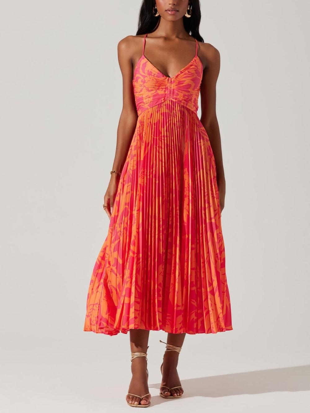 Elegant Floral Print Pleats Midi Dress Red
