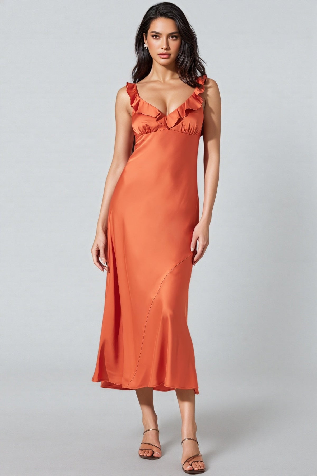 Satin Ruffle Trim V-Neck Sleeveless Bias Cut Midi Dress