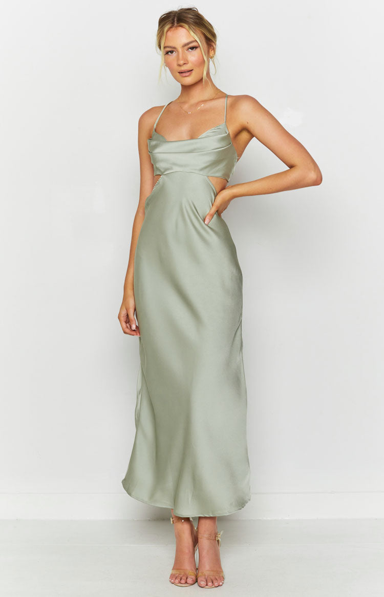 Satin Cowl Neck Side Cut Out Strappy Back Maxi Dress 2