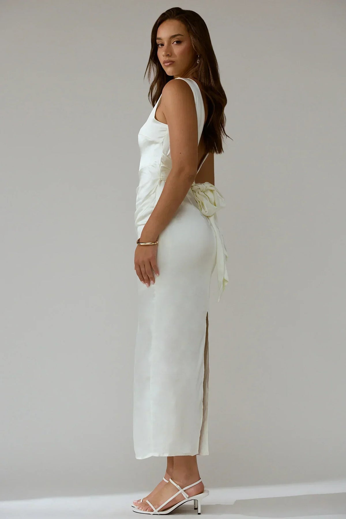 Satin Boat Neck Sleeveless Ruched Waist Column Midi Dress 4