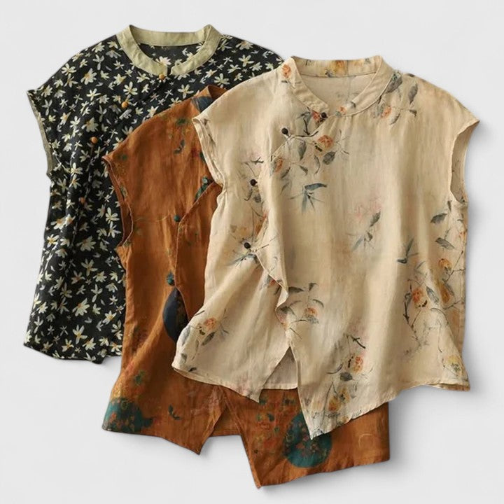 Floral Print Mandarin Collar Sleeveless Blouse
