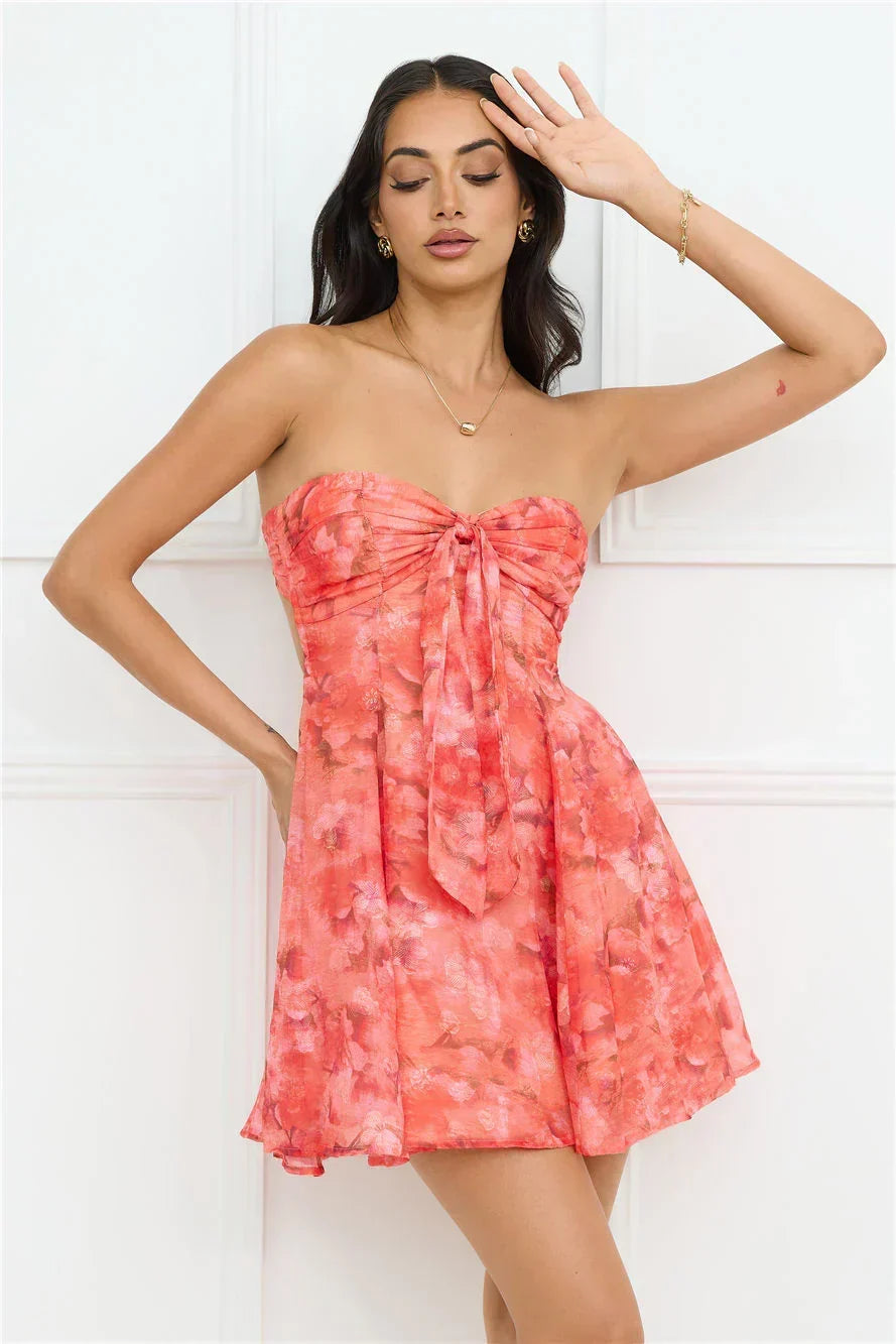 Strapless Floral Print Tie Front Fit and Flare Mini Dress 4