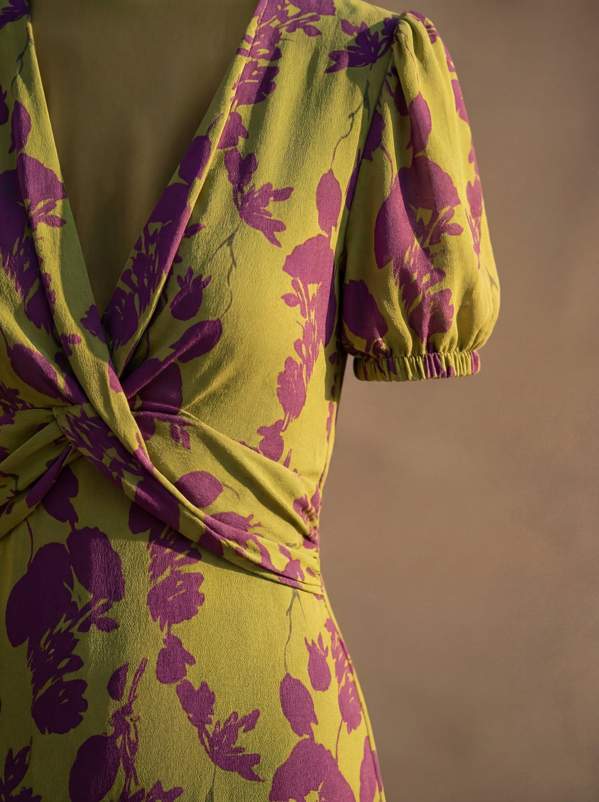 Floral Print V-Neck Puff Sleeve Twist Front Midi Dress