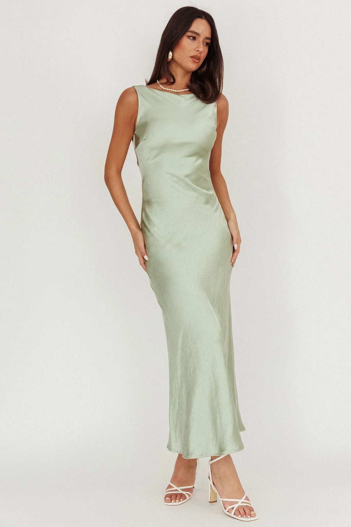 Satin Boat Neck Sleeveless Cowl Back Bias Cut Maxi Dress