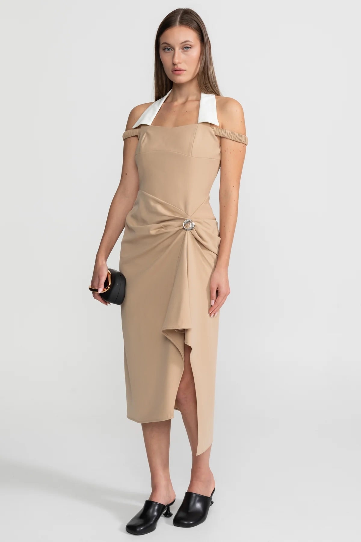 Halter Neck Contrast Collar Off Shoulder Draped Asymmetric Midi Dress 3