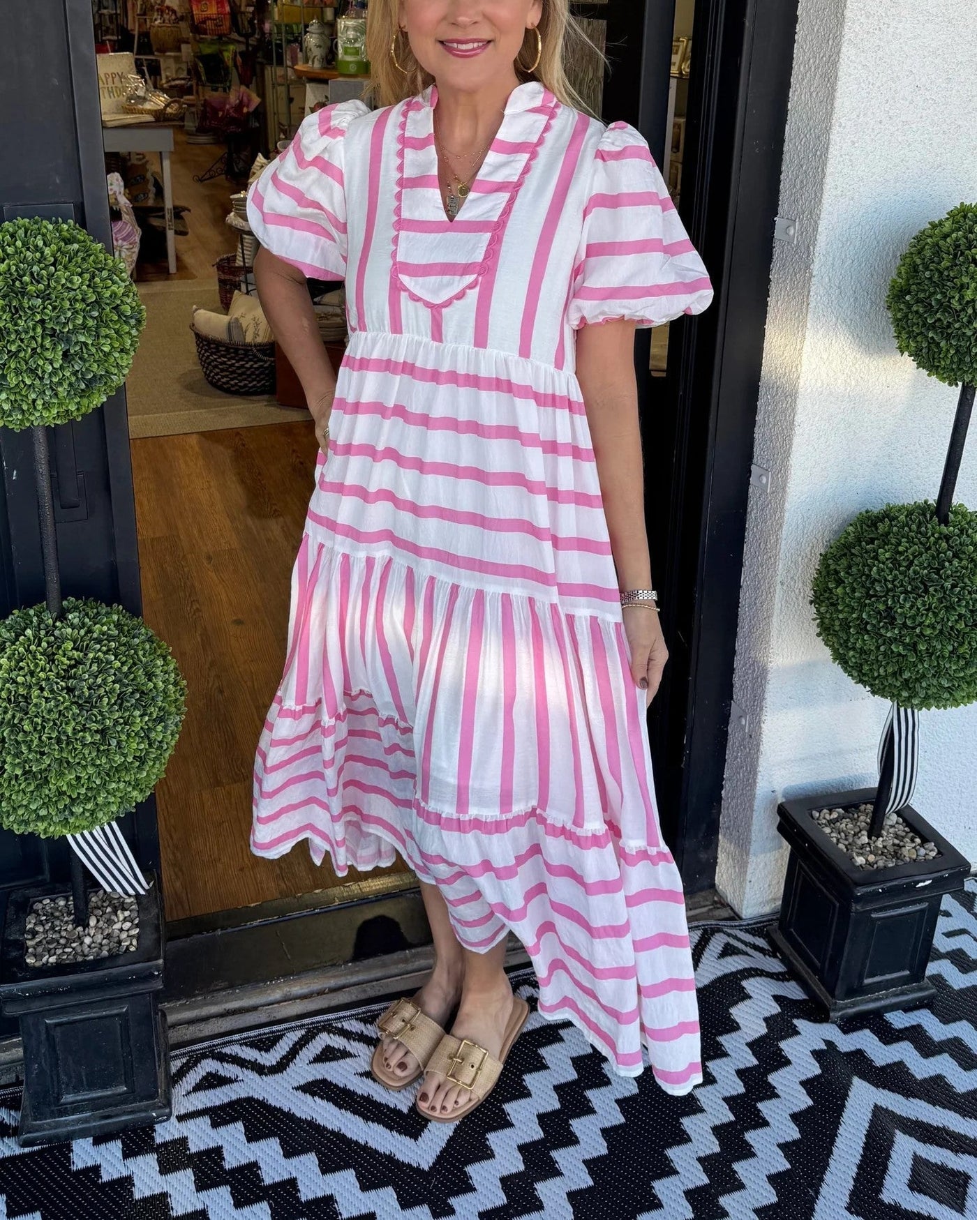 Striped V-Neck Puff Sleeve Tiered Midi Dress