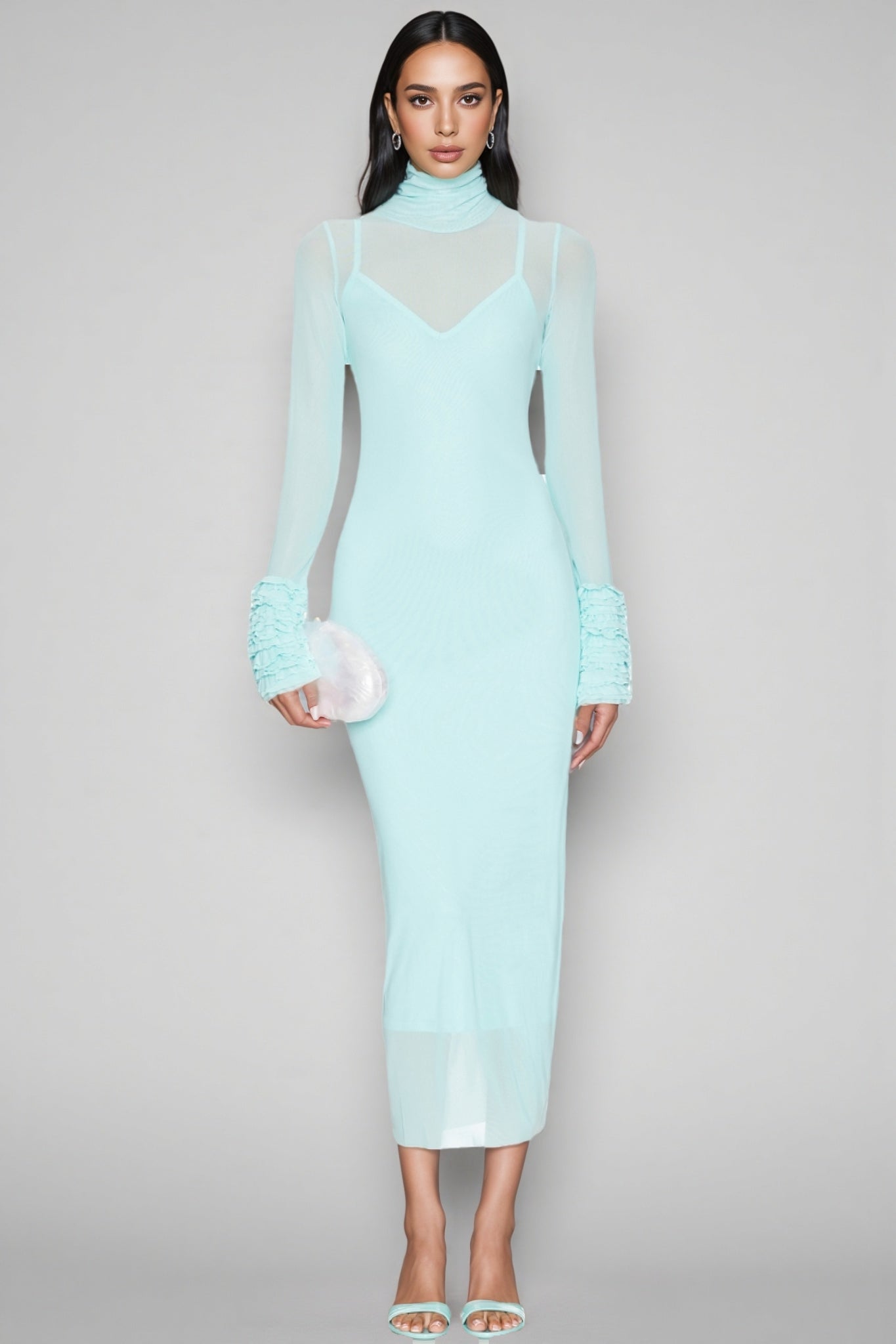 Abrife Blue Sheer Mesh Maxi Dress