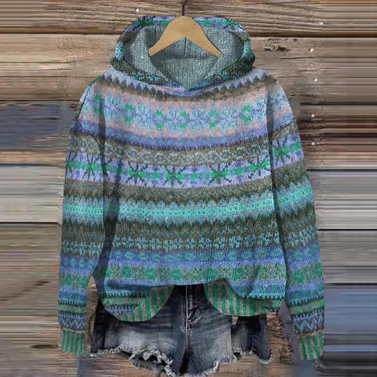 Fair Isle Hooded Long Sleeve Knit Sweater