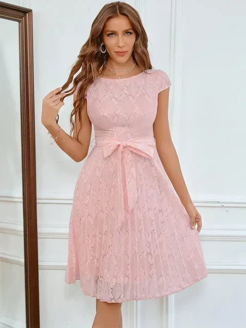Lace Cap Sleeve Belted Fit and Flare Cocktail Mini Dress