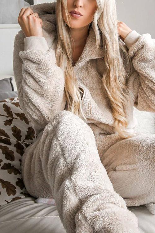 Fuzzy Hoodie Collar Jumpsuit Pajamas