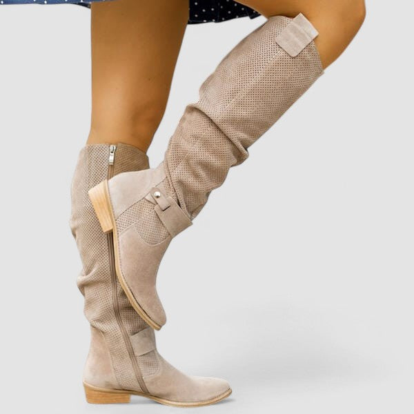 Perforated Suede Slouch Flat Knee High Boots
