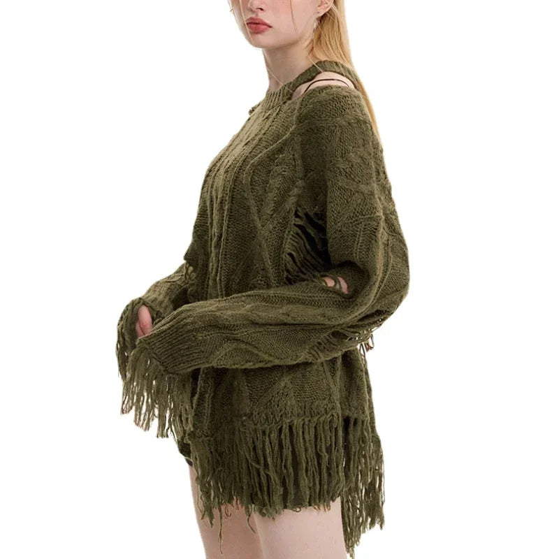 Distressed Cable Knit Fringe Hem Long Sleeve Oversized Sweater