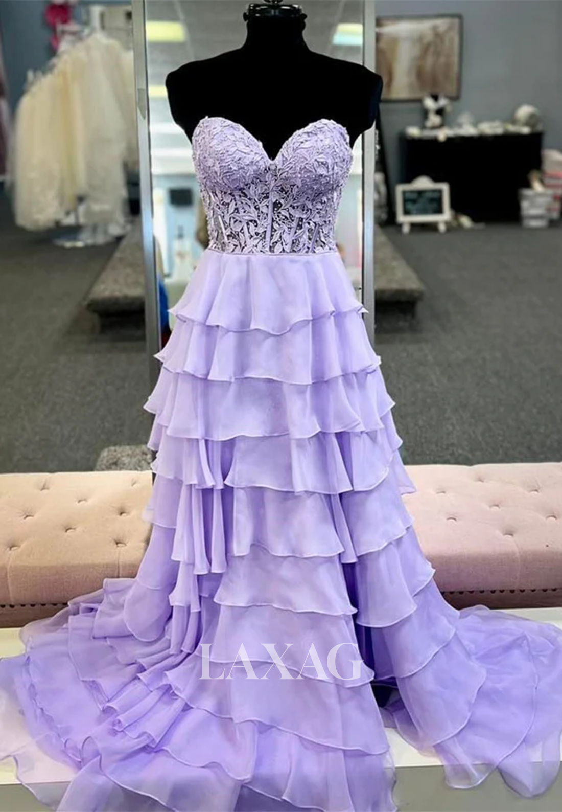 Sweetheart Off-Shoulder Sleeveless Formal Gowns Beaded Applique Pleated Tiered Chiffon Fitted Prom Dress