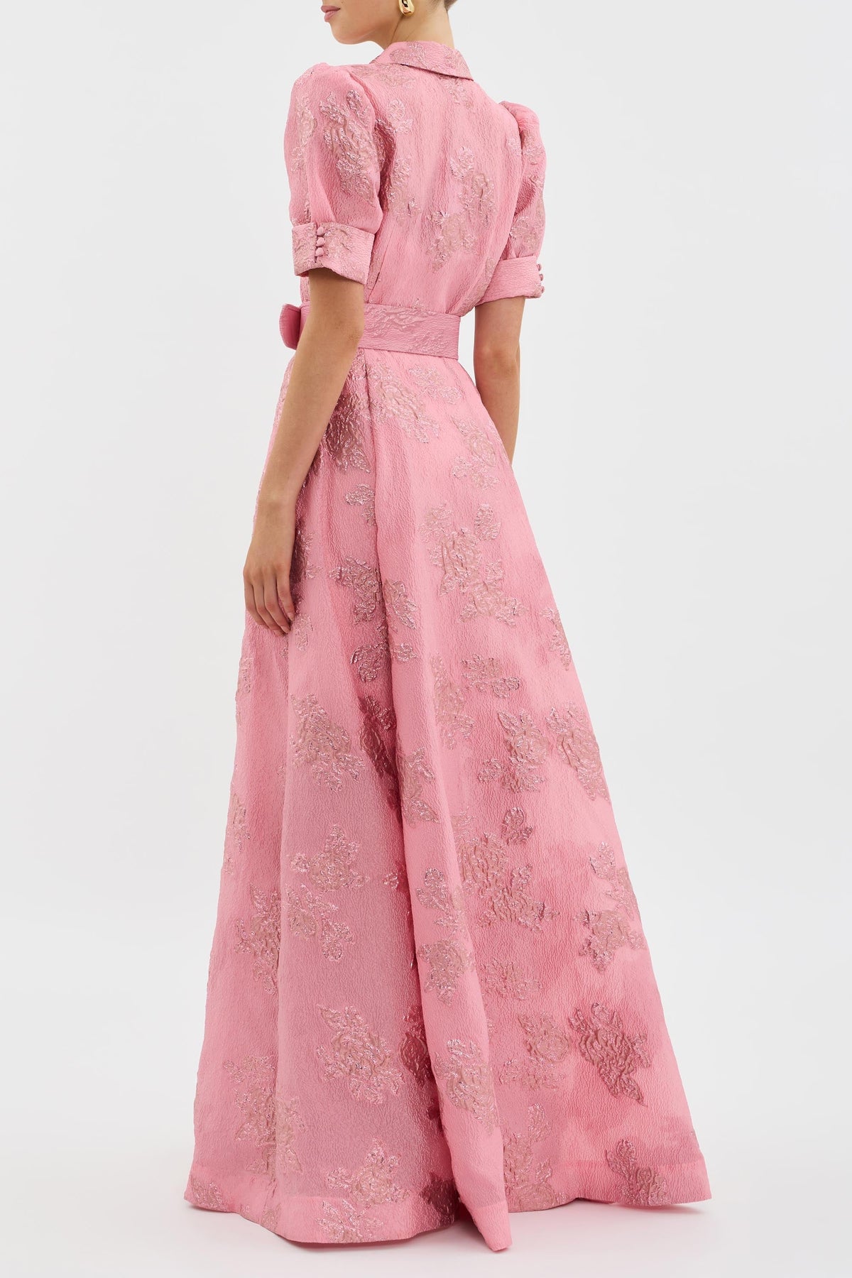 Floral Jacquard Collared Puff Sleeve Belted A-Line Maxi Dress