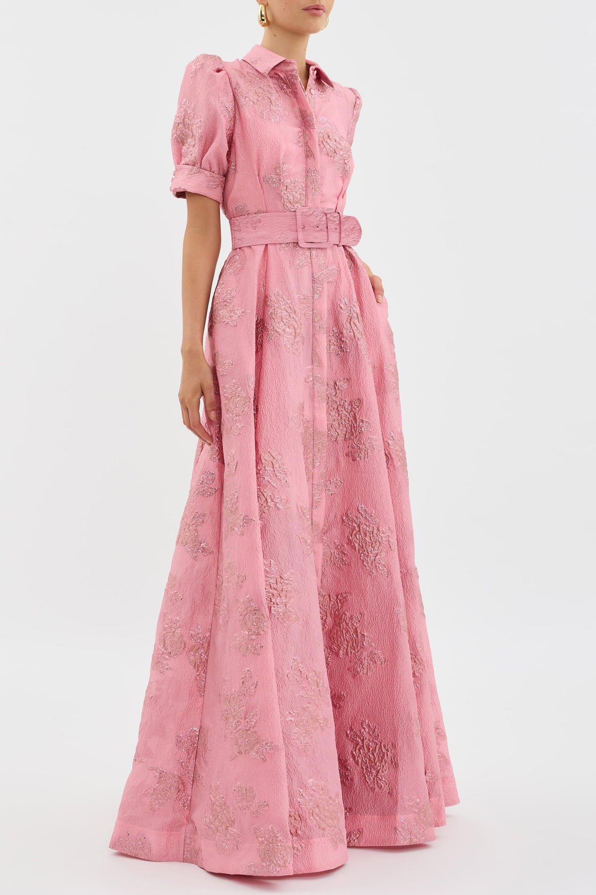 Floral Jacquard Collared Puff Sleeve Belted A-Line Maxi Dress