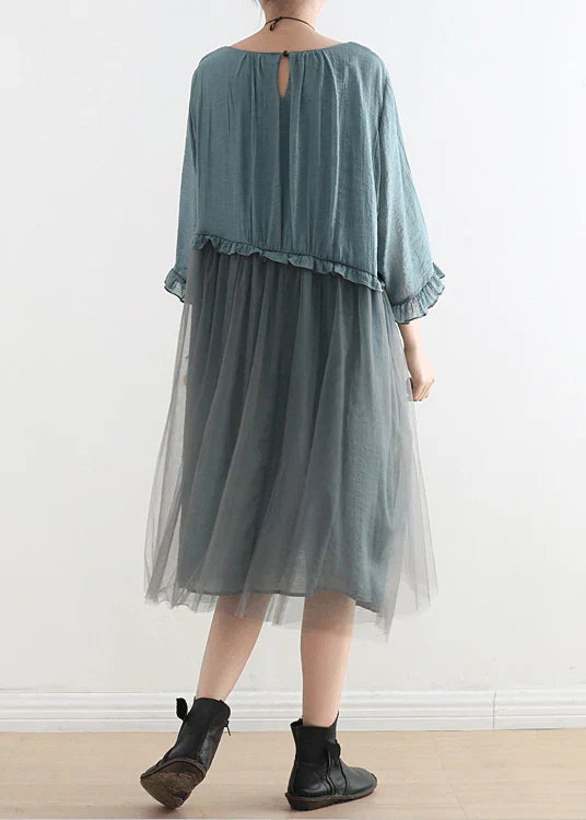 Round Neck Ruffle Trim Tulle Skirt Patchwork Loose Midi Dress 6