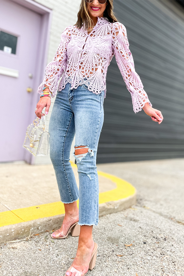 Hollow Lace Button Up Top