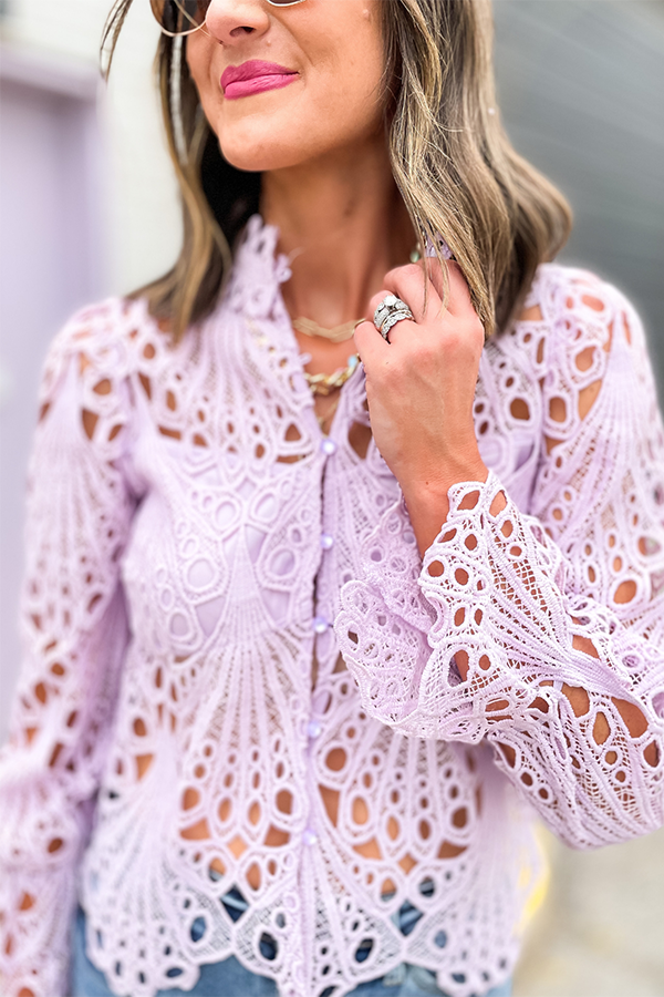 Hollow Lace Button Up Top