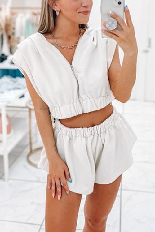 Zipper Sleeveless Crop Hooeded Jackets Shorts Set