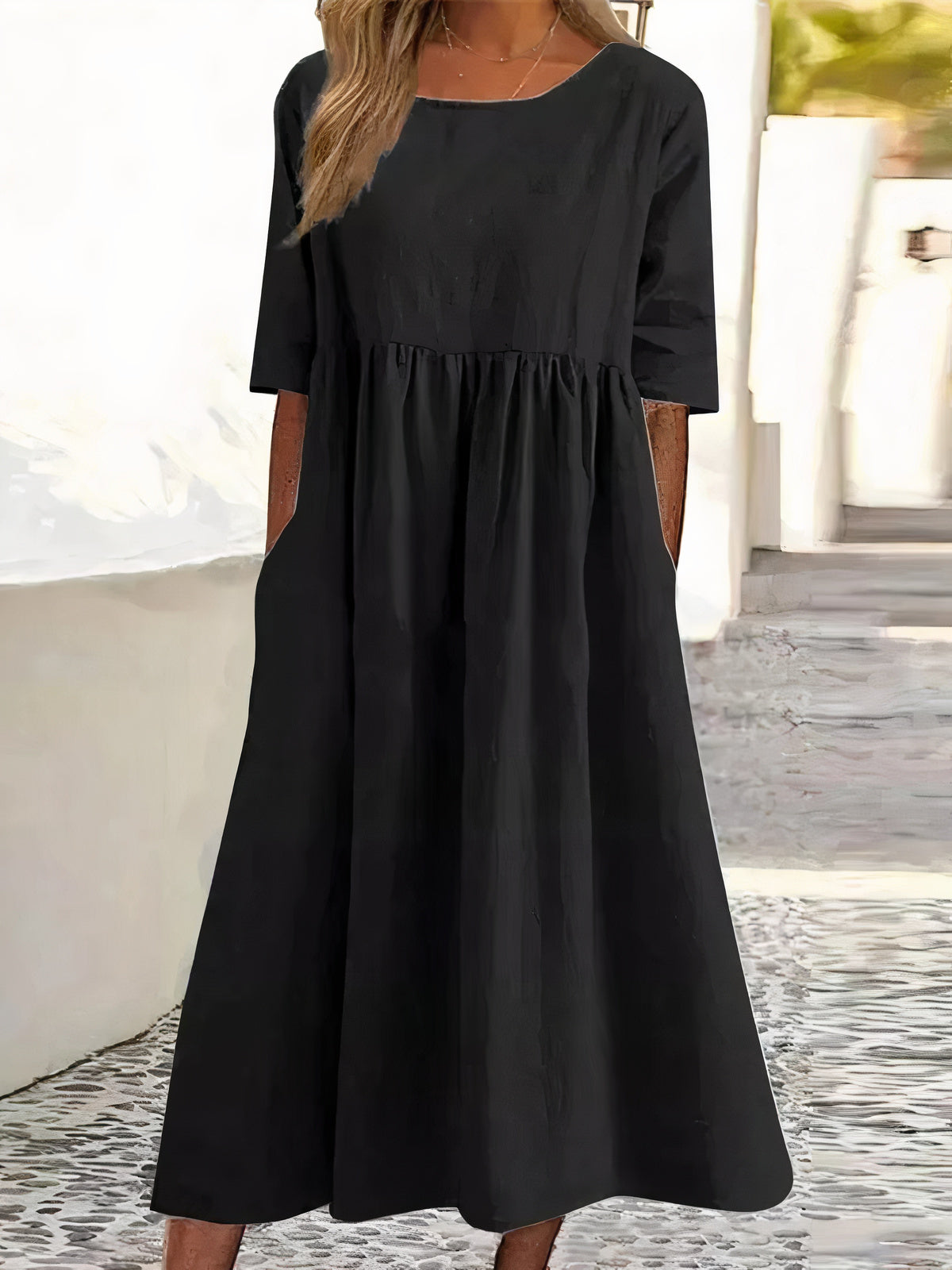 Round Neck Short Sleeve Empire Waist Side Pocket Gathered Midi Dress