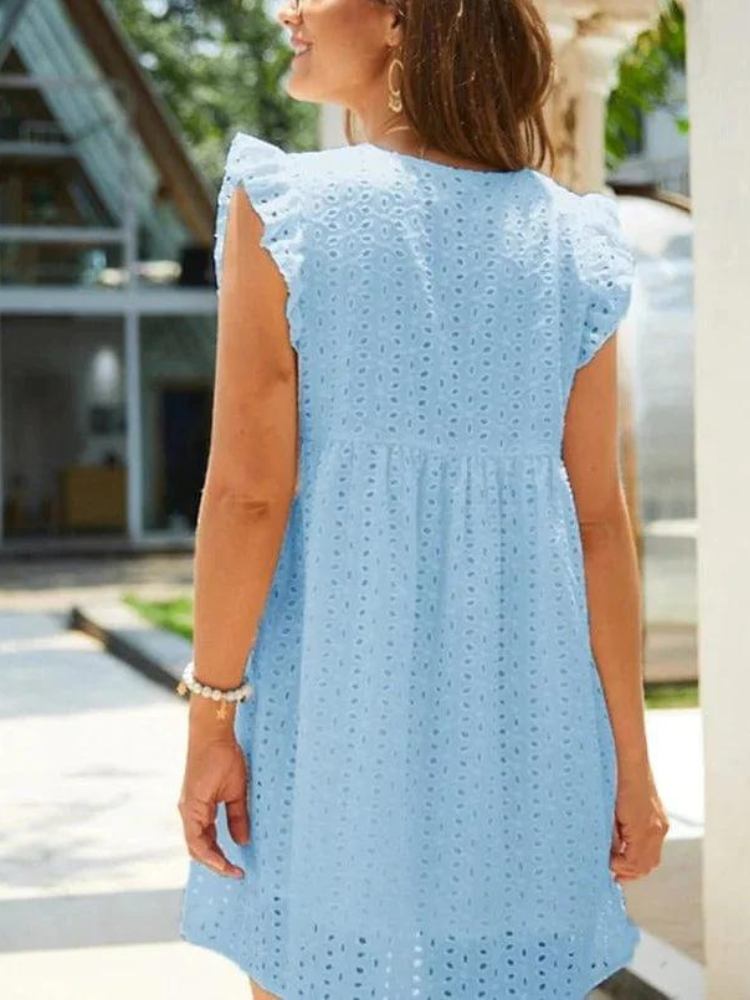 Eyelet Deep V-Neck Ruffle Cap Sleeve Babydoll Mini Summer Dress