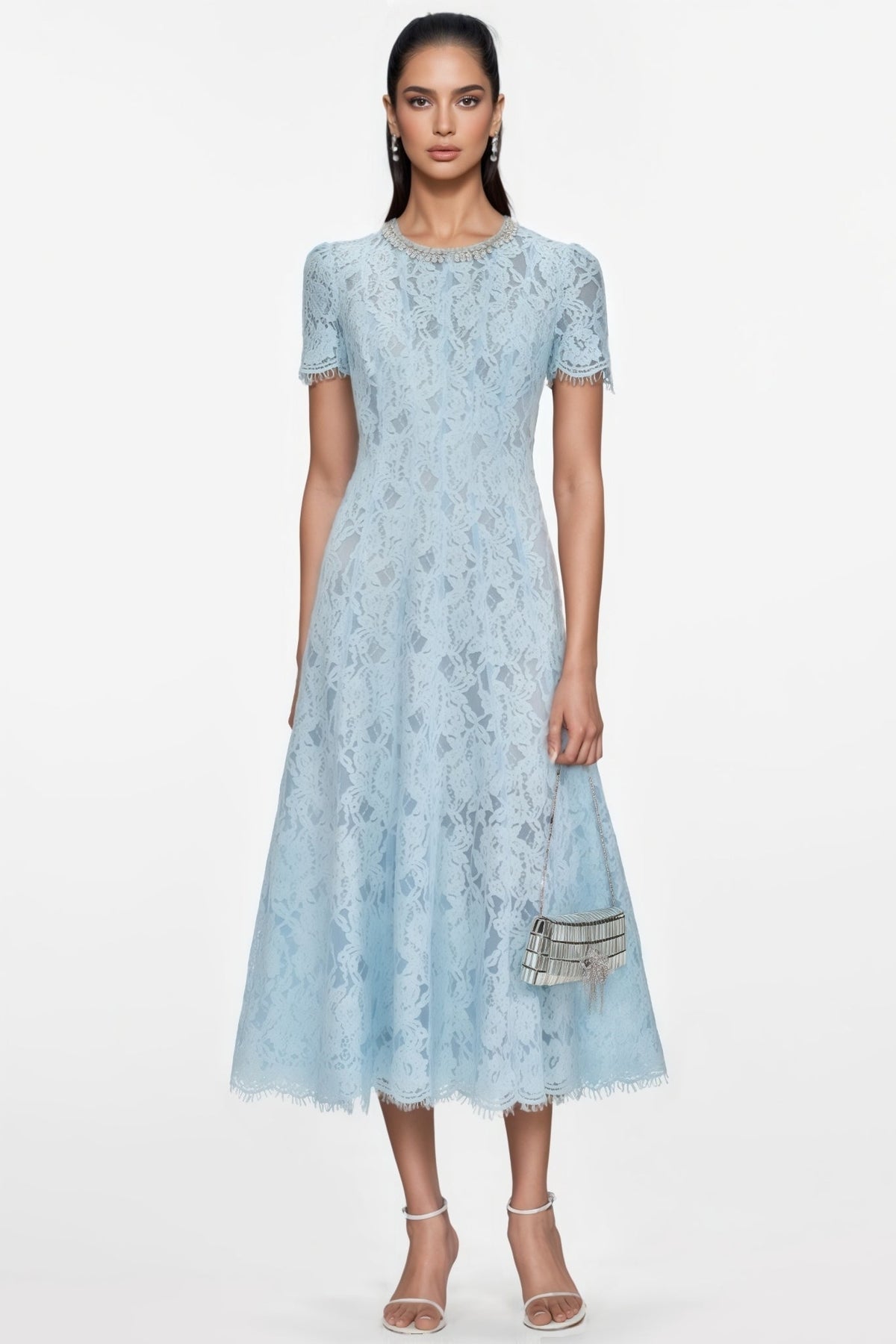 Lace Short Sleeve Beaded Round Neck Fringe Trim A-Line Midi Dress