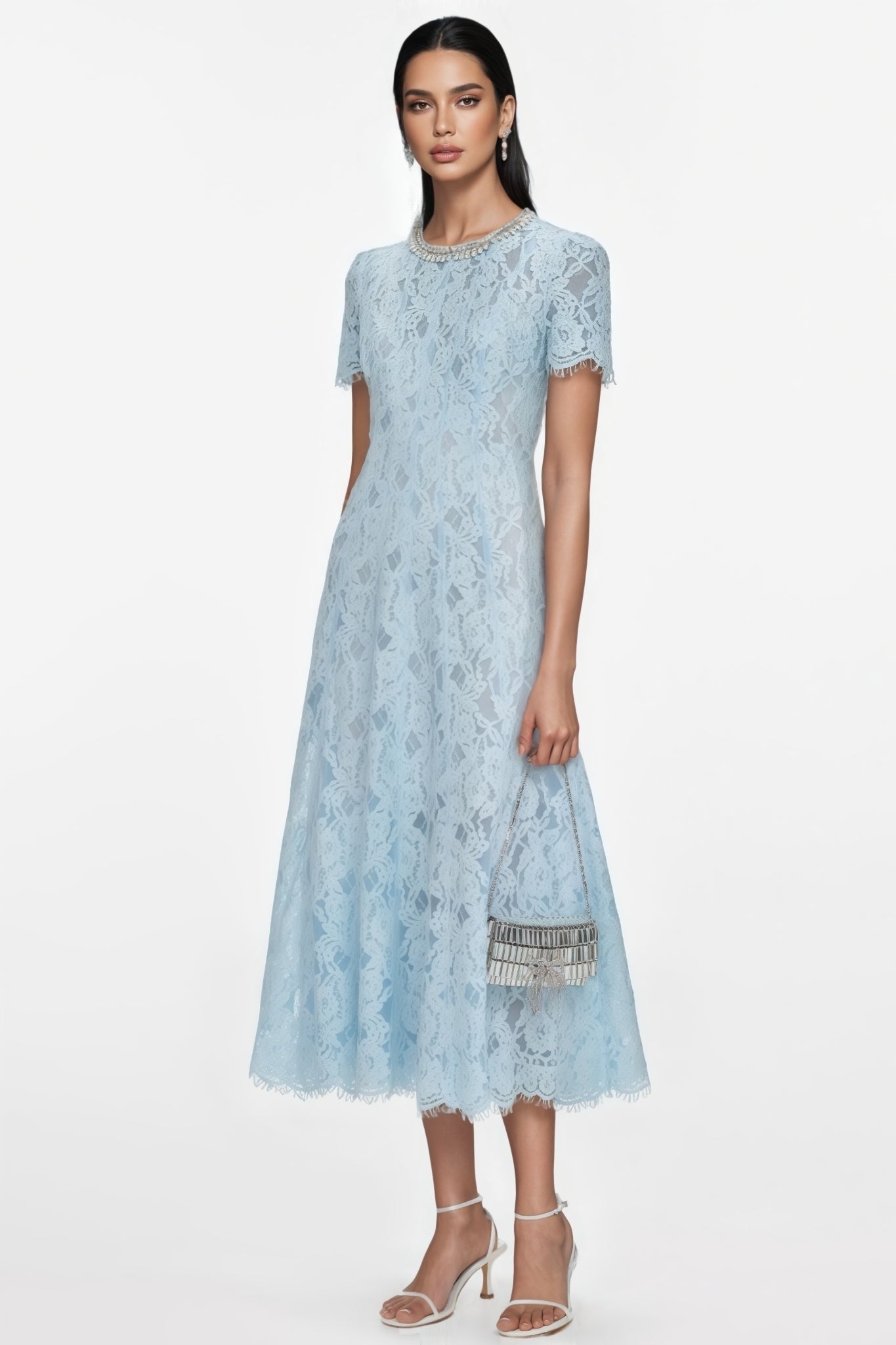 Chantal Blue Lace Embellished Midi Dress - View 2