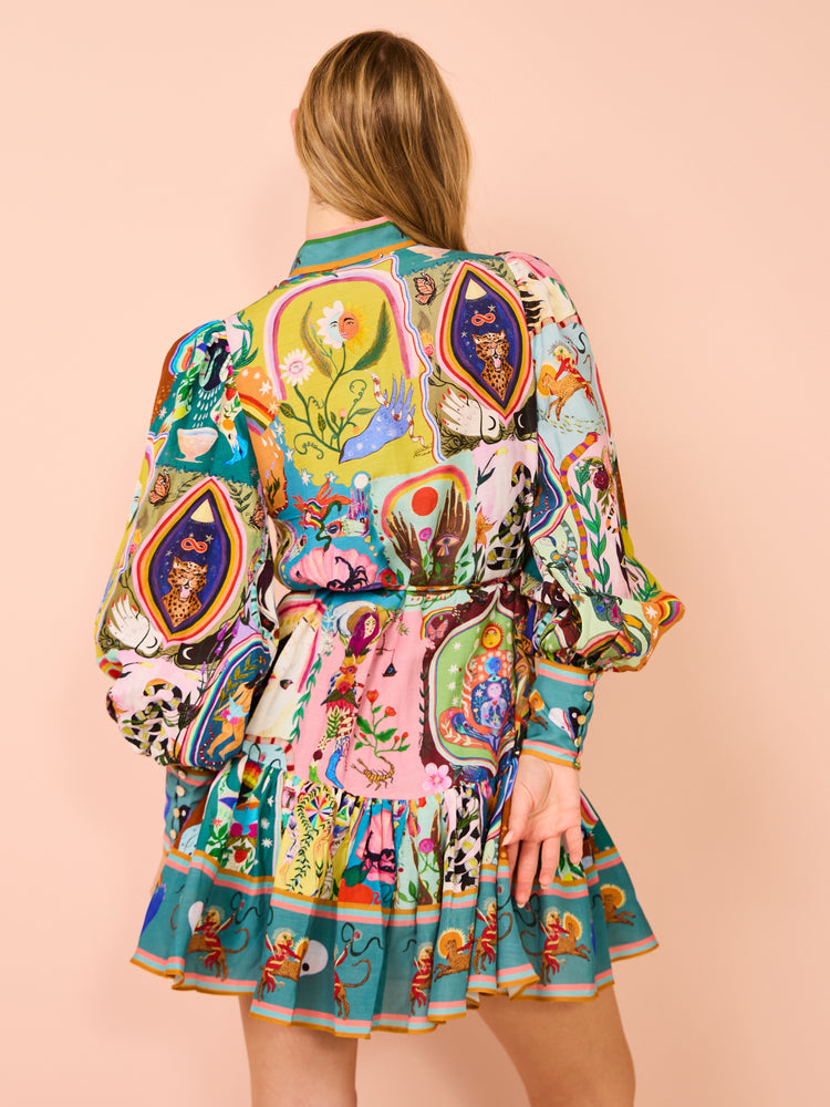 Scenic Print Long Sleeve Button Front Belted Tiered Mini Shirt Dress