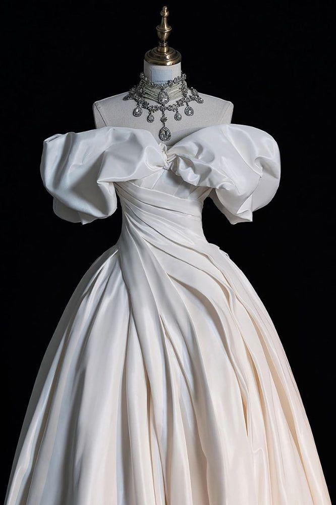 White Off the Shoulder Puffy Wedding Dress, Floor Length Satin Bridal Dresses cc1156