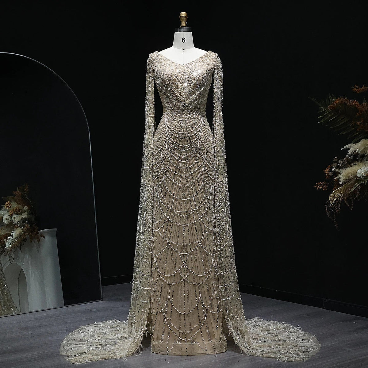White Feather Mermaid Evening Dresses Cape Sleeves - View 3
