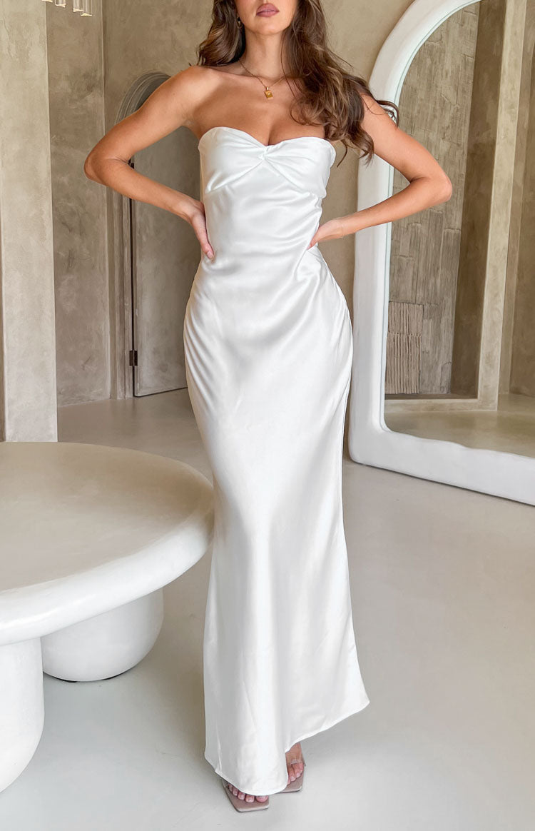 Satin Strapless Twist Front Bias Cut Maxi Formal Dress 7