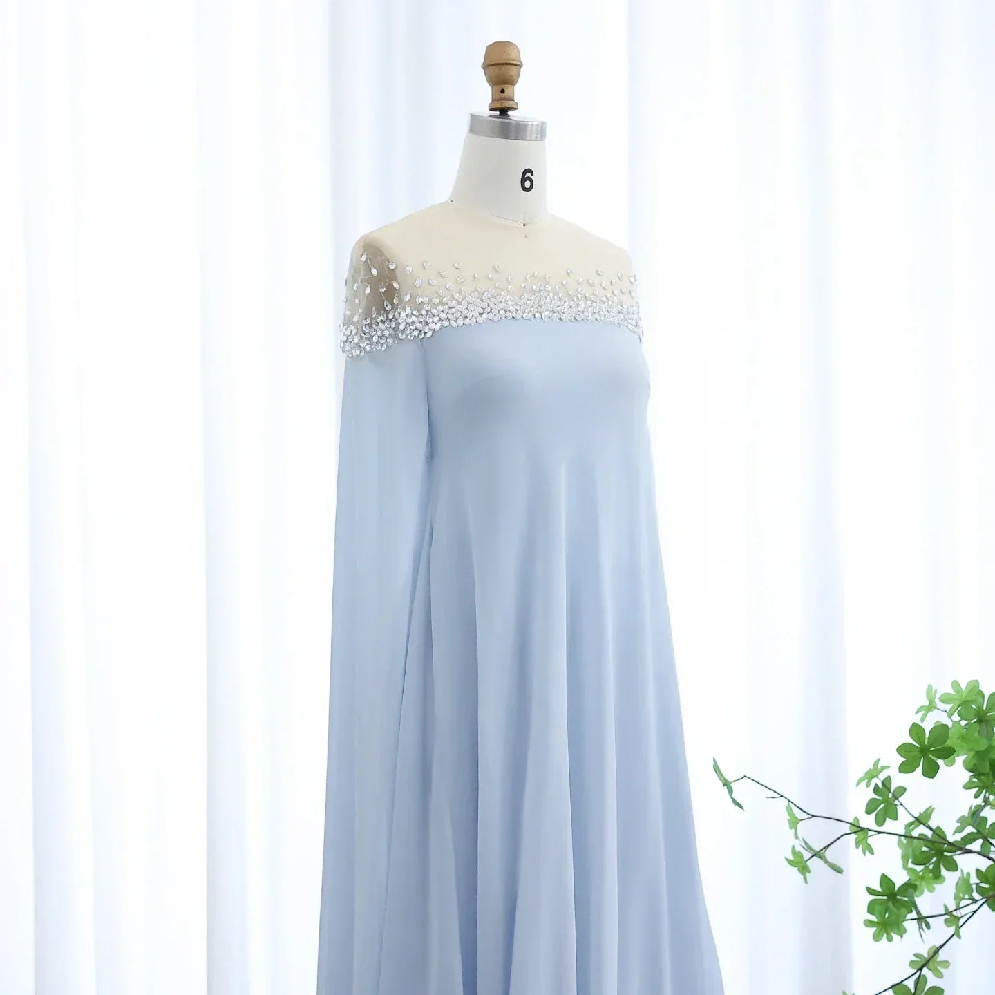 Rhinestone Beaded Illusion Neck Cape Sleeve Chiffon Maxi Gown