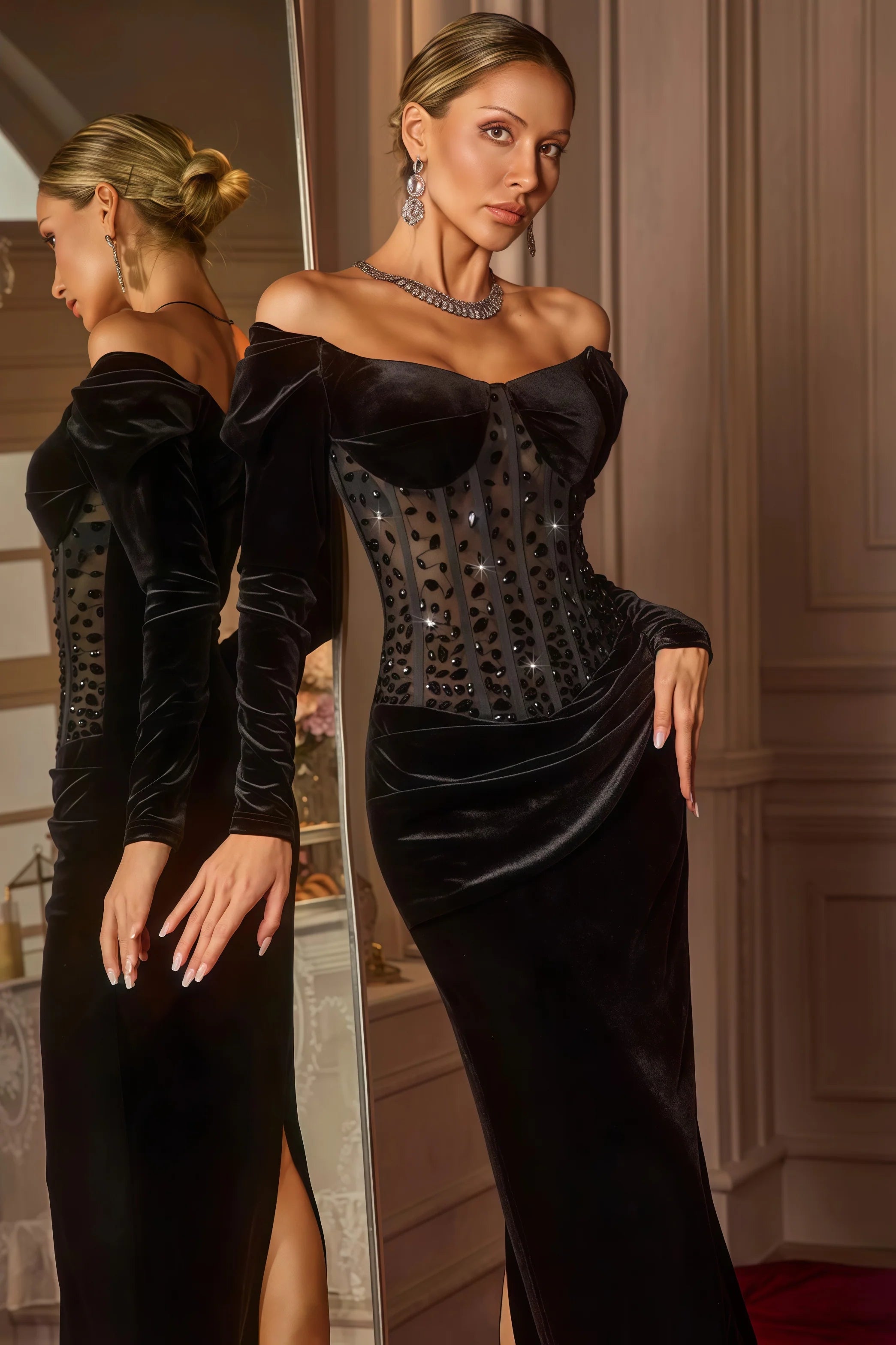 Miloni Off Shoulder Rhinestone Velvet Maxi Dress - View 5