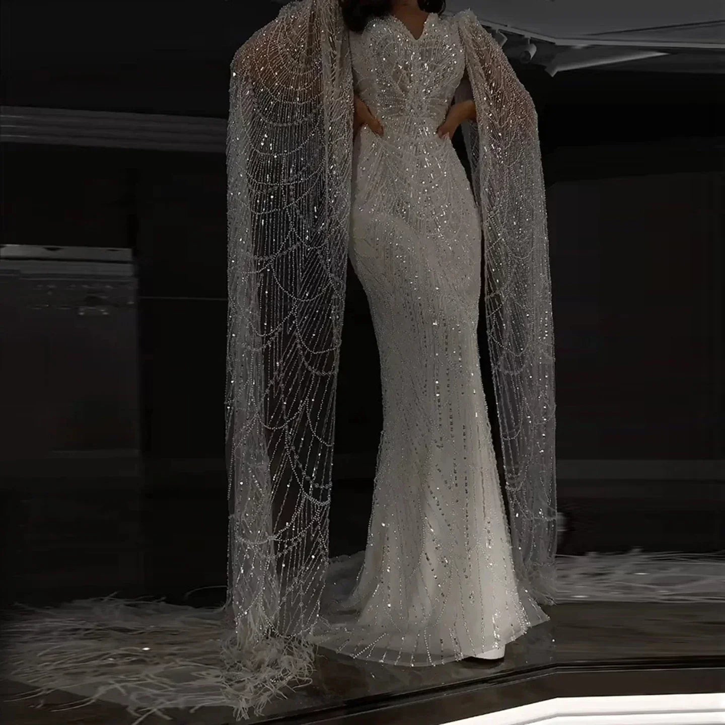White Feather Mermaid Evening Dresses Cape Sleeves