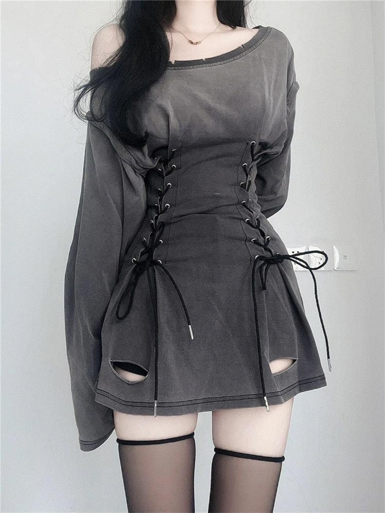 Off Shoulder Long Sleeve Lace Up Waist Distressed Cut Out Mini Dress 4