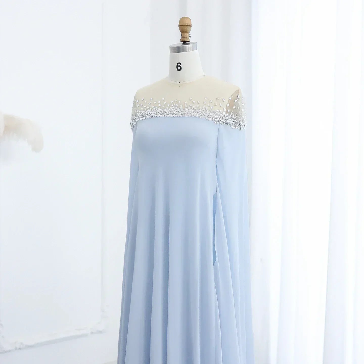 Rhinestone Beaded Illusion Neck Cape Sleeve Chiffon Maxi Gown