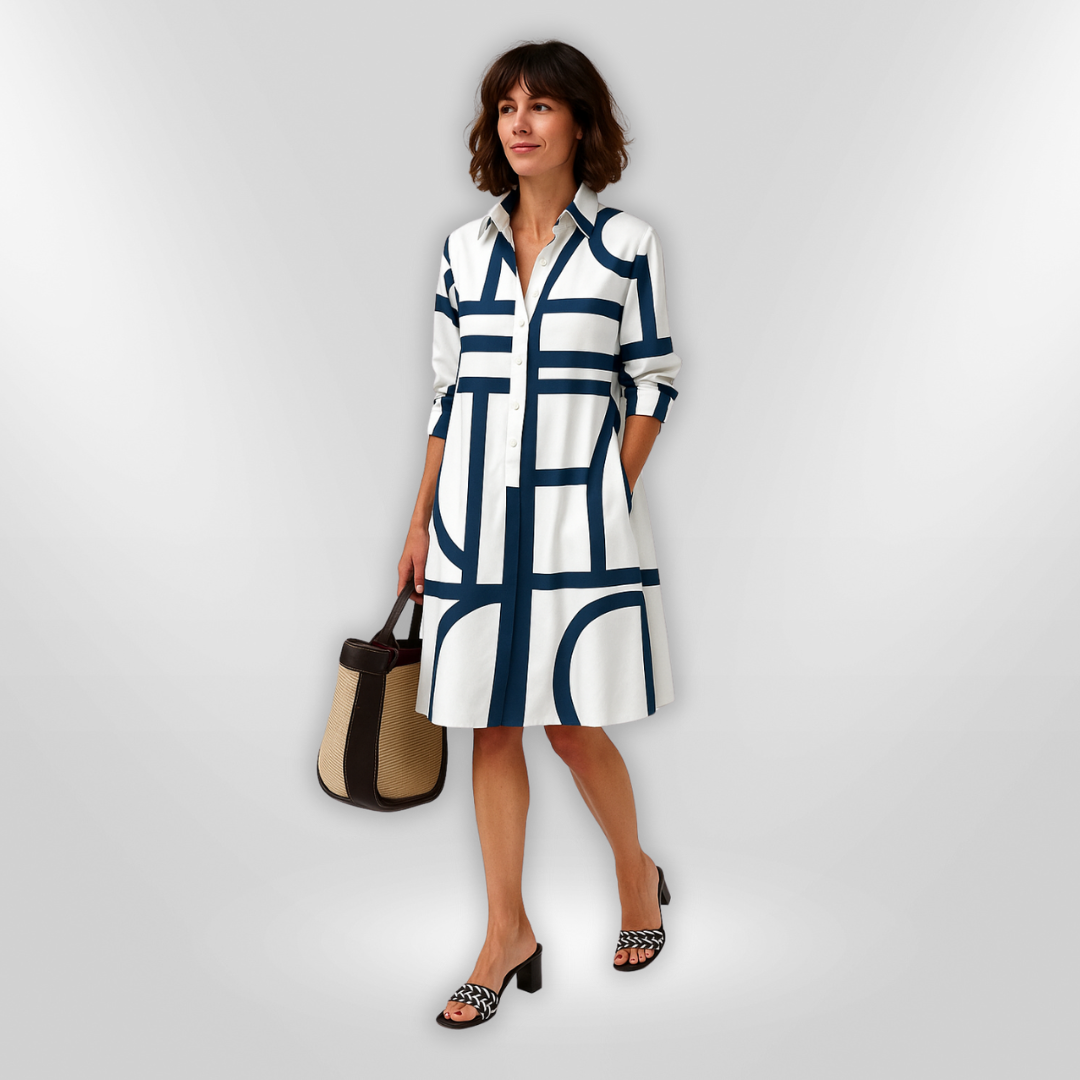 Geometric Print Collared Button Front A-Line Midi Shirt Dress